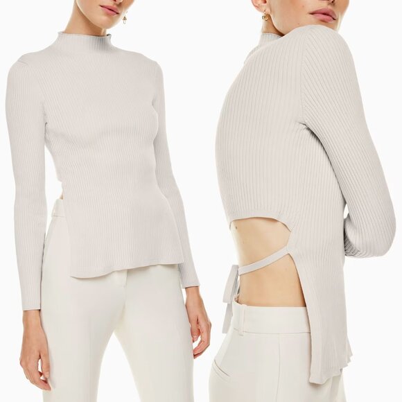 Aritzia Babaton Sculpt Knit Tie Back Sweater Long Sleeves Rib Mock Neck S $98 - Picture 1 of 16